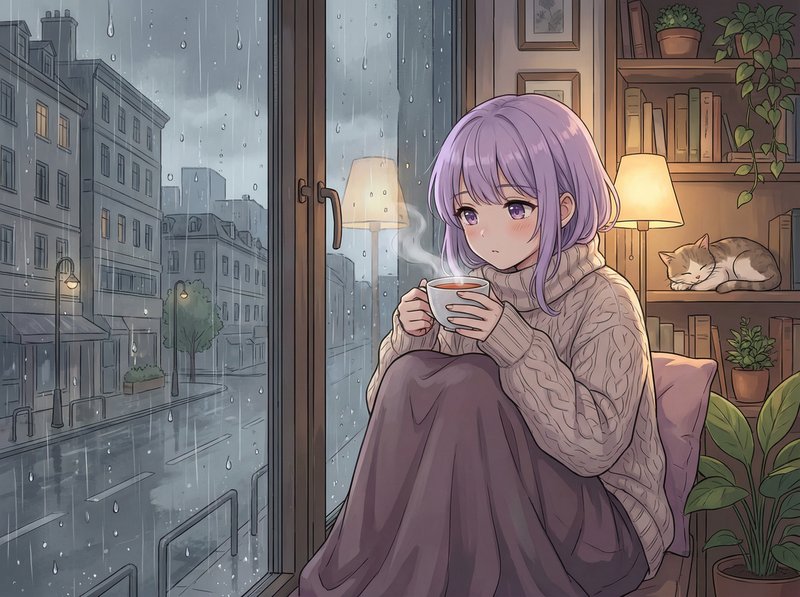 黄色仓库动漫美图-雨天少女
